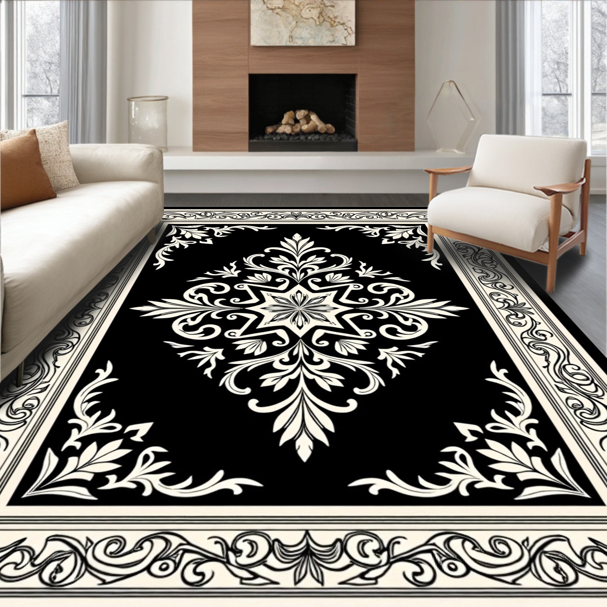 Classic Black White Floral Medallion Design Rug