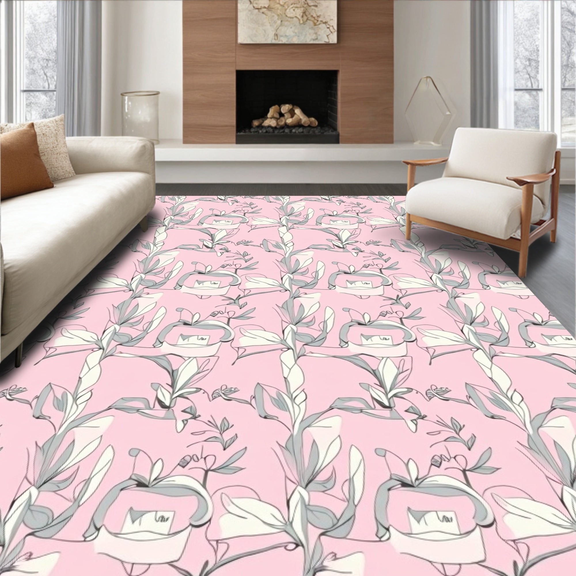 Soft Pink Floral Sketch Pattern Rug