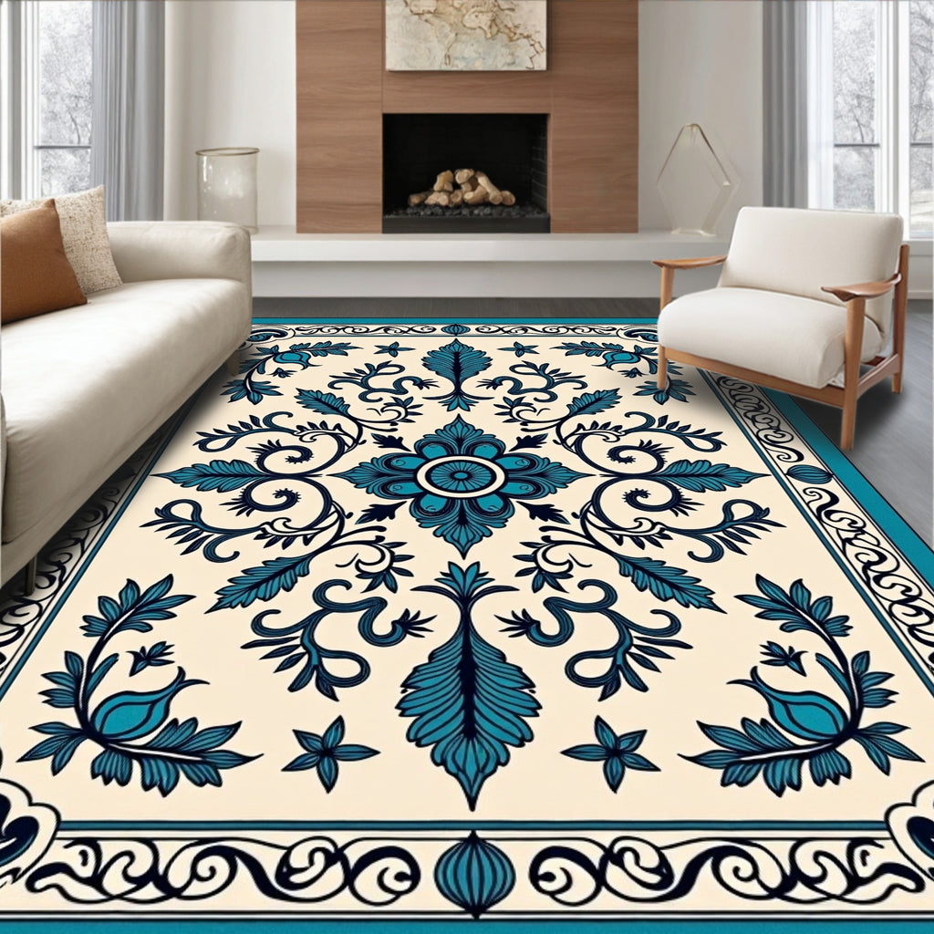 Ornate Teal Floral Scrollwork Design Rug