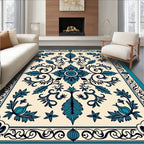 Ornate Teal Floral Scrollwork Design Rug