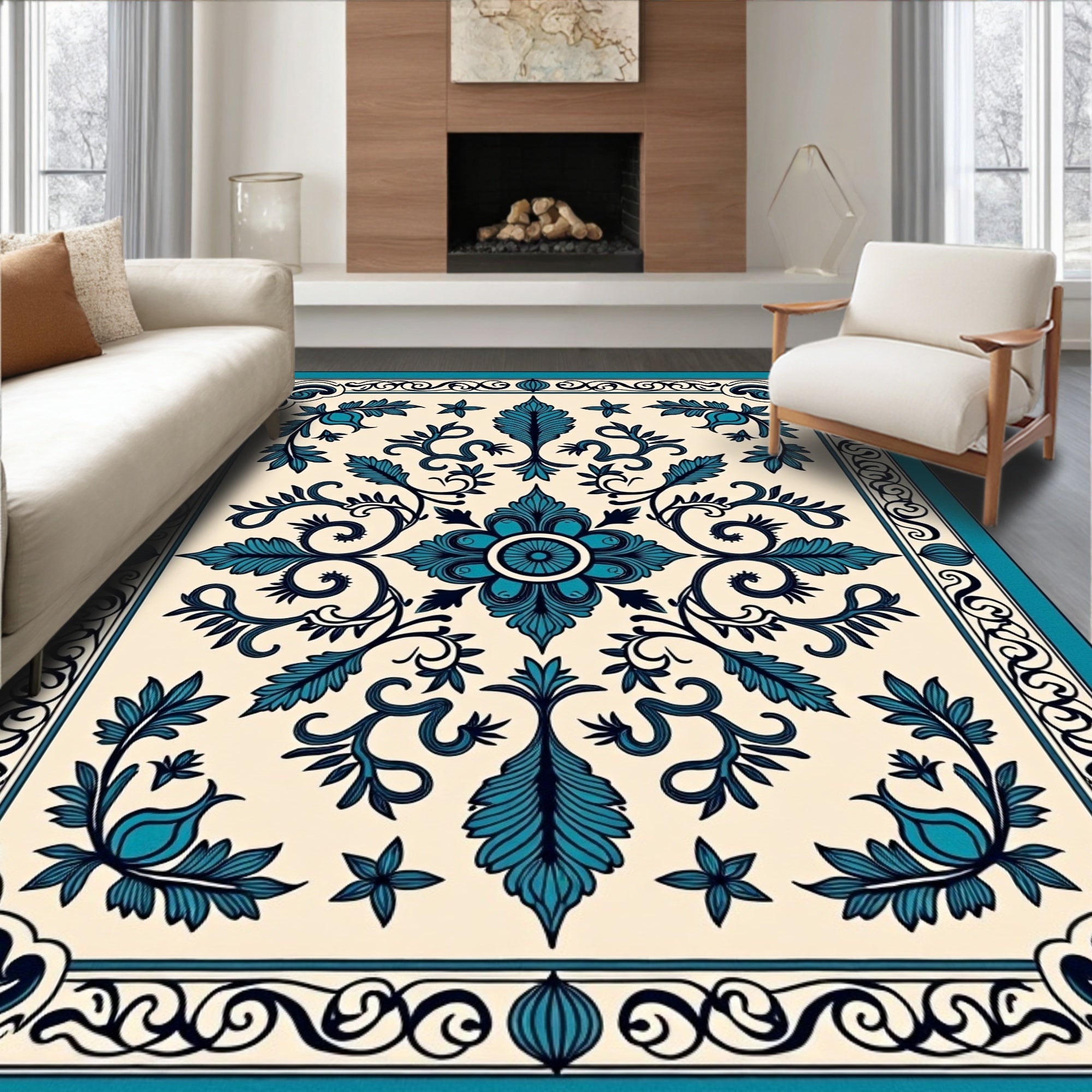 Ornate Teal Floral Scrollwork Design Rug