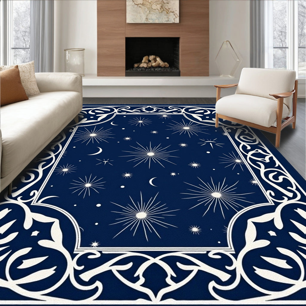 Dark Blue Celestial Star Pattern Rug