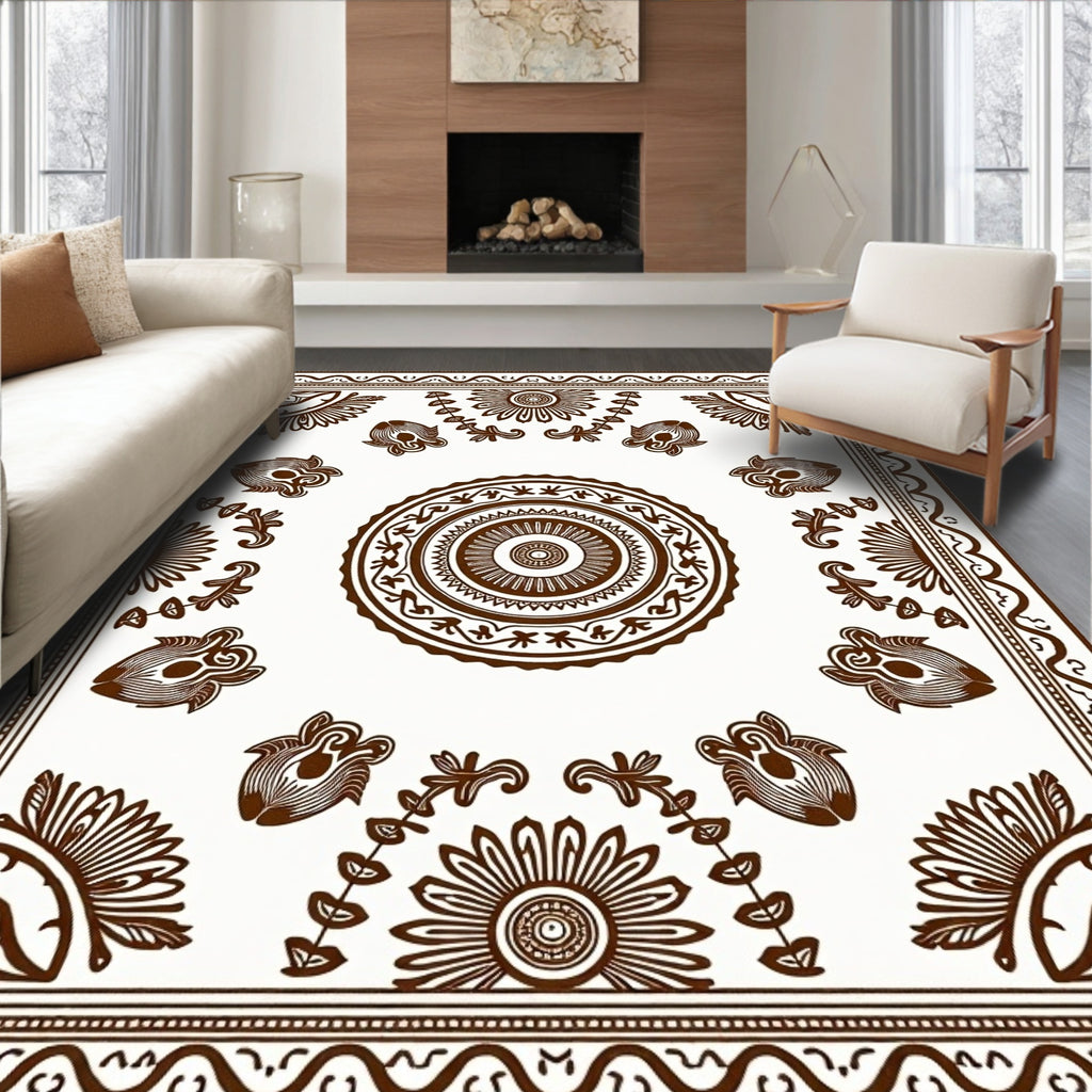 Traditional Floral Medallion Brown Cream Rug