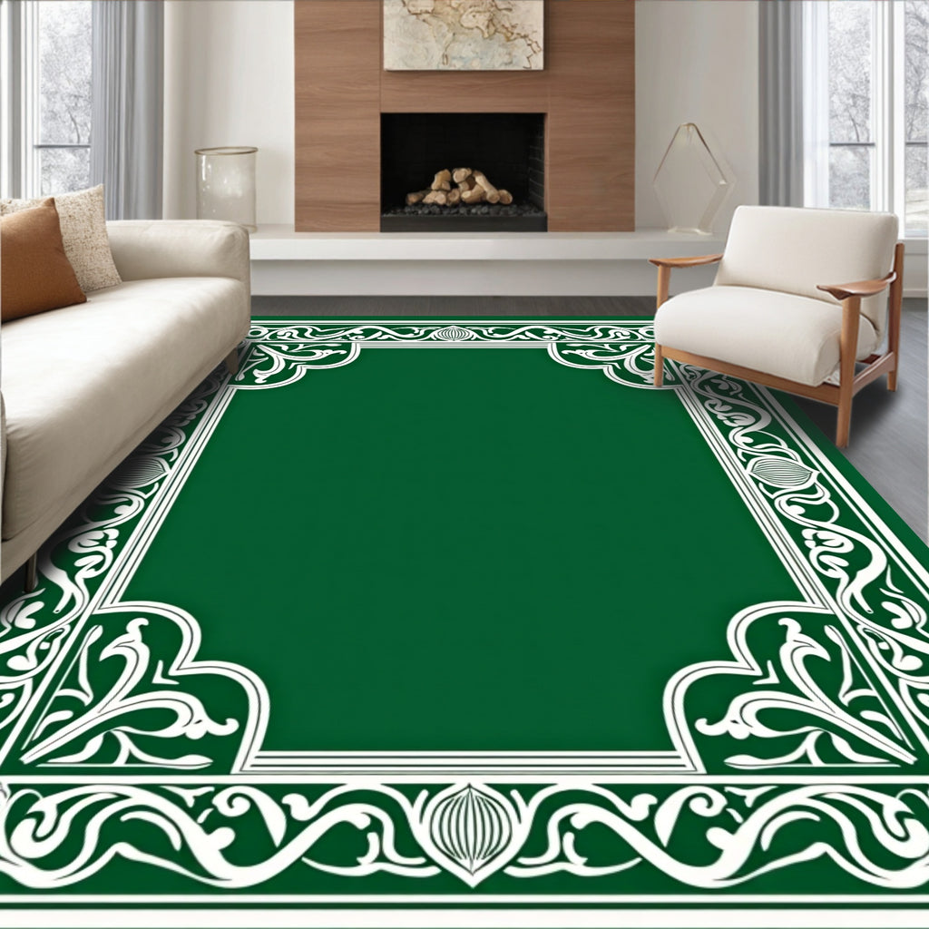 Ornate White Floral Green Border Pattern Rug