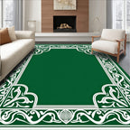 Ornate White Floral Green Border Pattern Rug