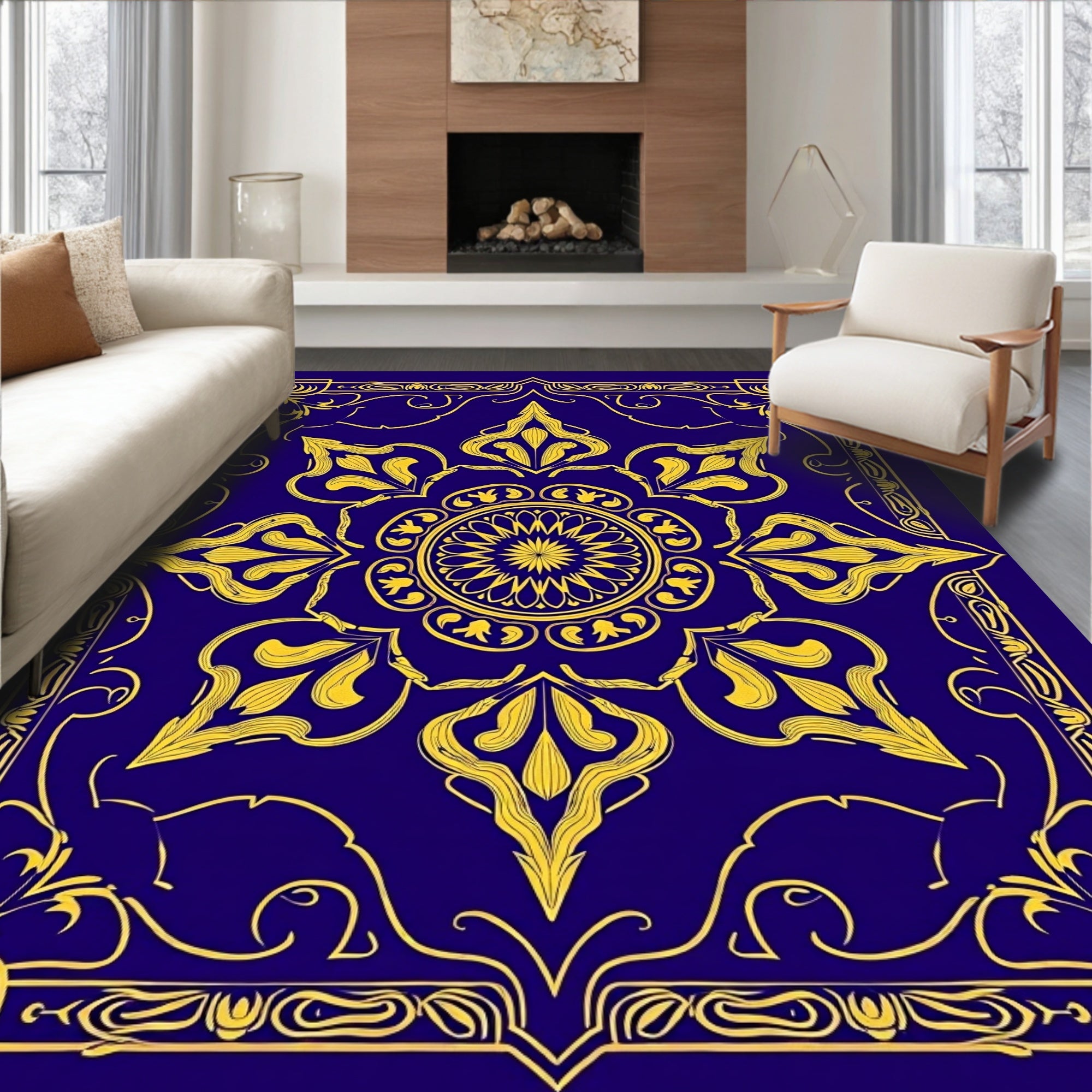 Ornate Blue Yellow Floral Mandala Rug