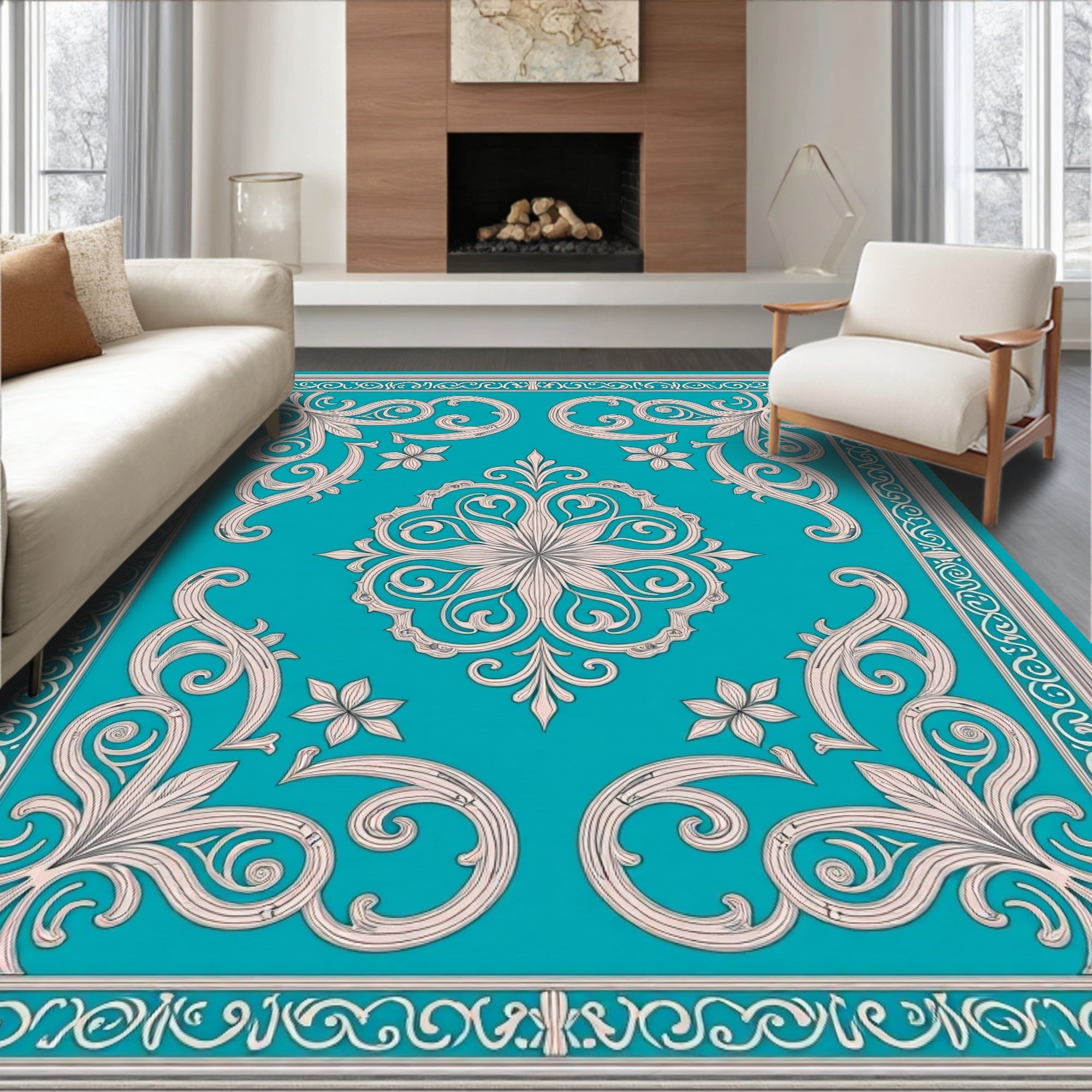 Classic Scrollwork Floral Teal Rug