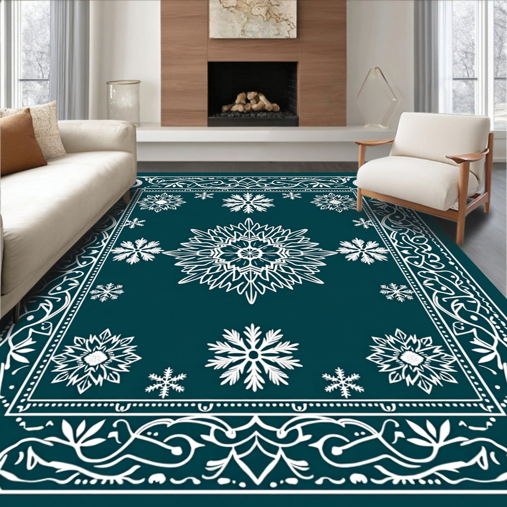 Whimsical White Snowflake Winter Night Rug