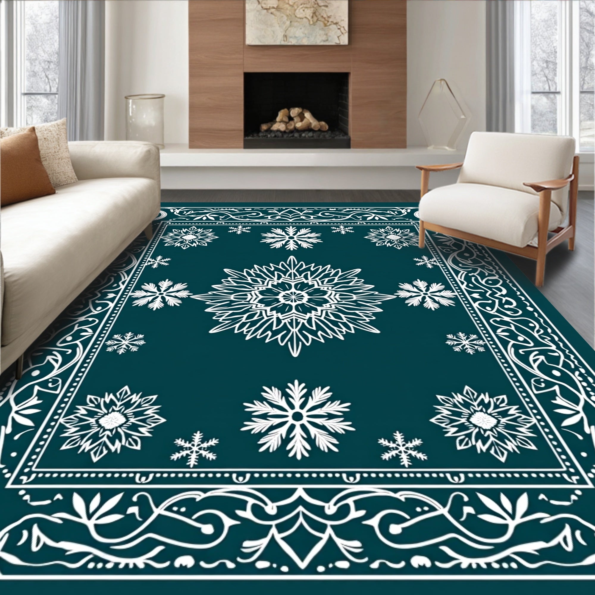 Whimsical White Snowflake Winter Night Rug