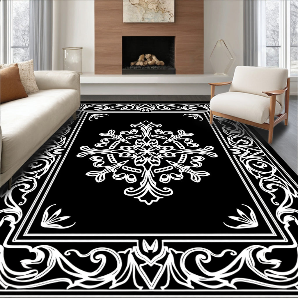 Ornate Floral Border Black White Rug