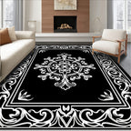 Ornate Floral Border Black White Rug