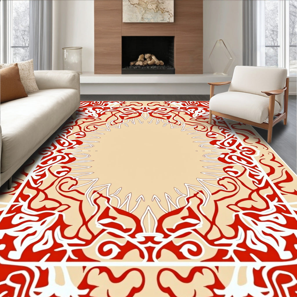 Bold Red White Abstract Floral Frame Rug