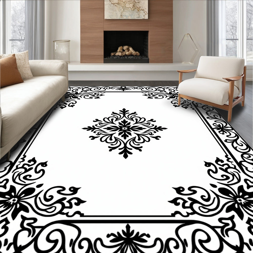 Ornate Black Floral Border Design Rug
