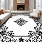 Ornate Black Floral Border Design Rug