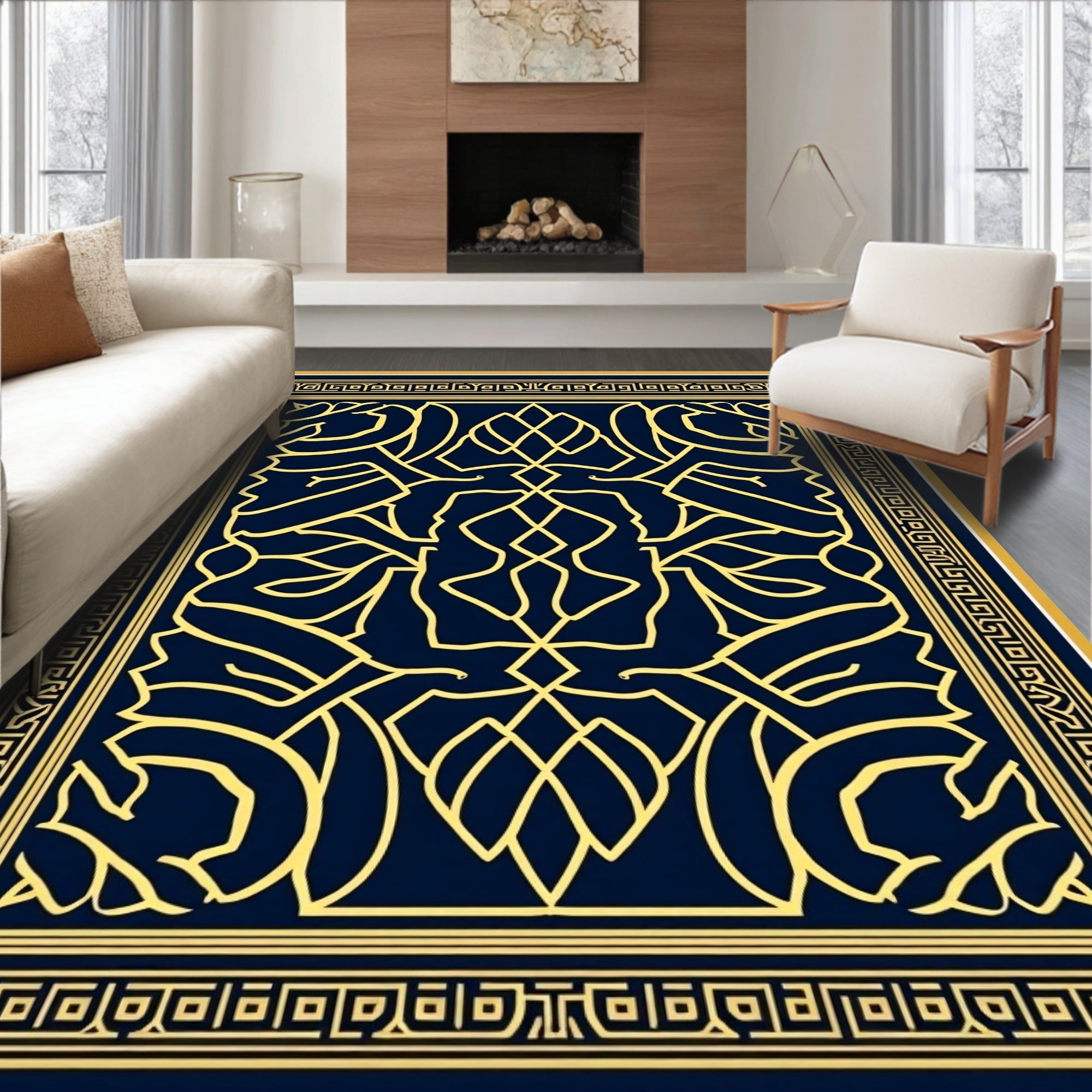 Geometric Abstract Regal Blue Gold Design Rug