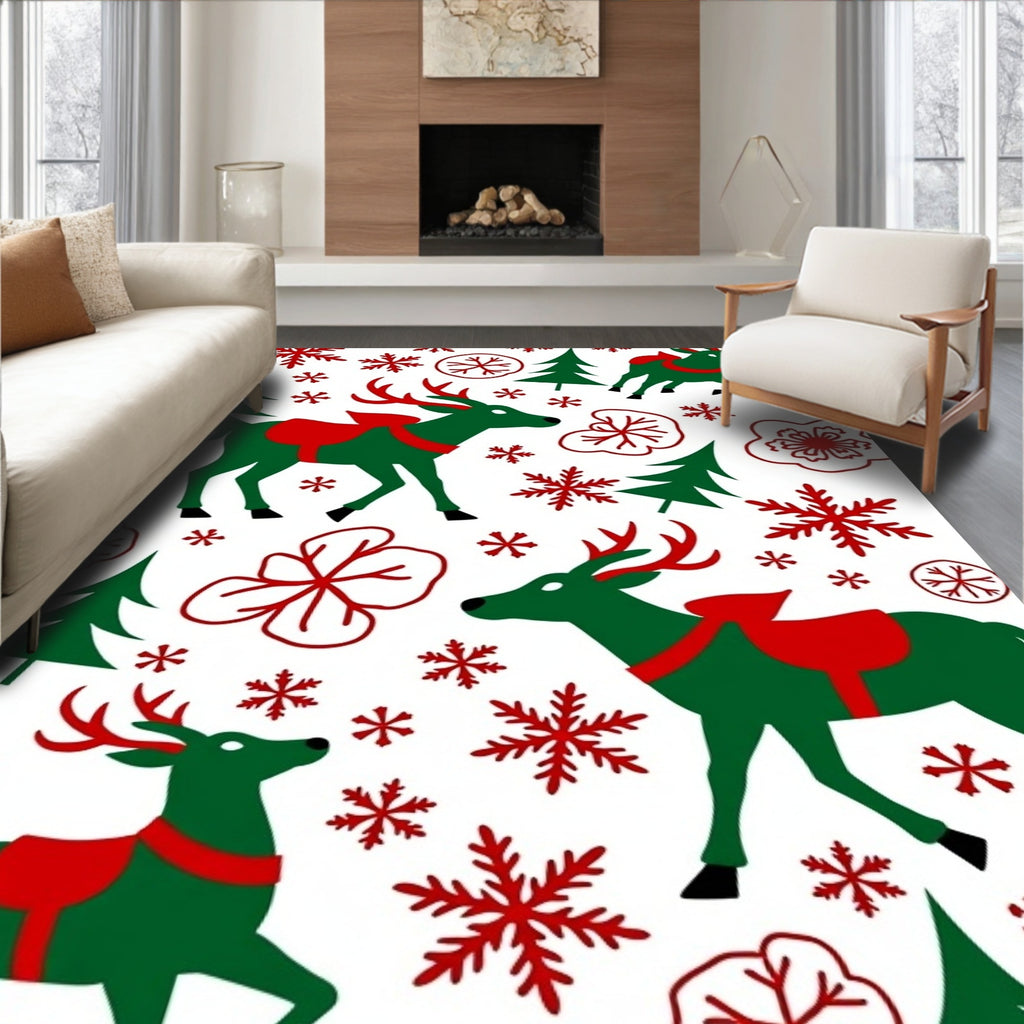 Green Reindeer Red Snowflakes Christmas Trees Rug