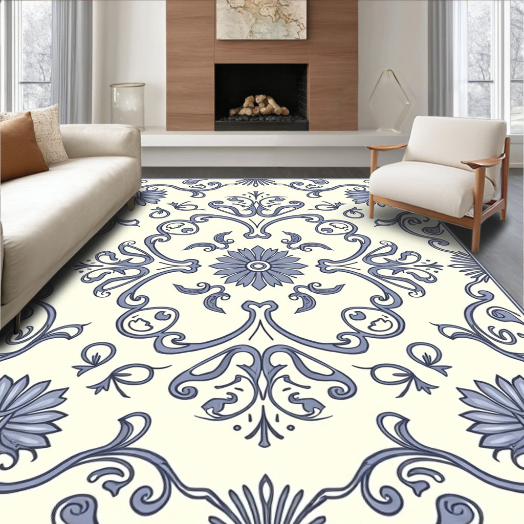 Classic Blue Floral Scroll Pattern Rug