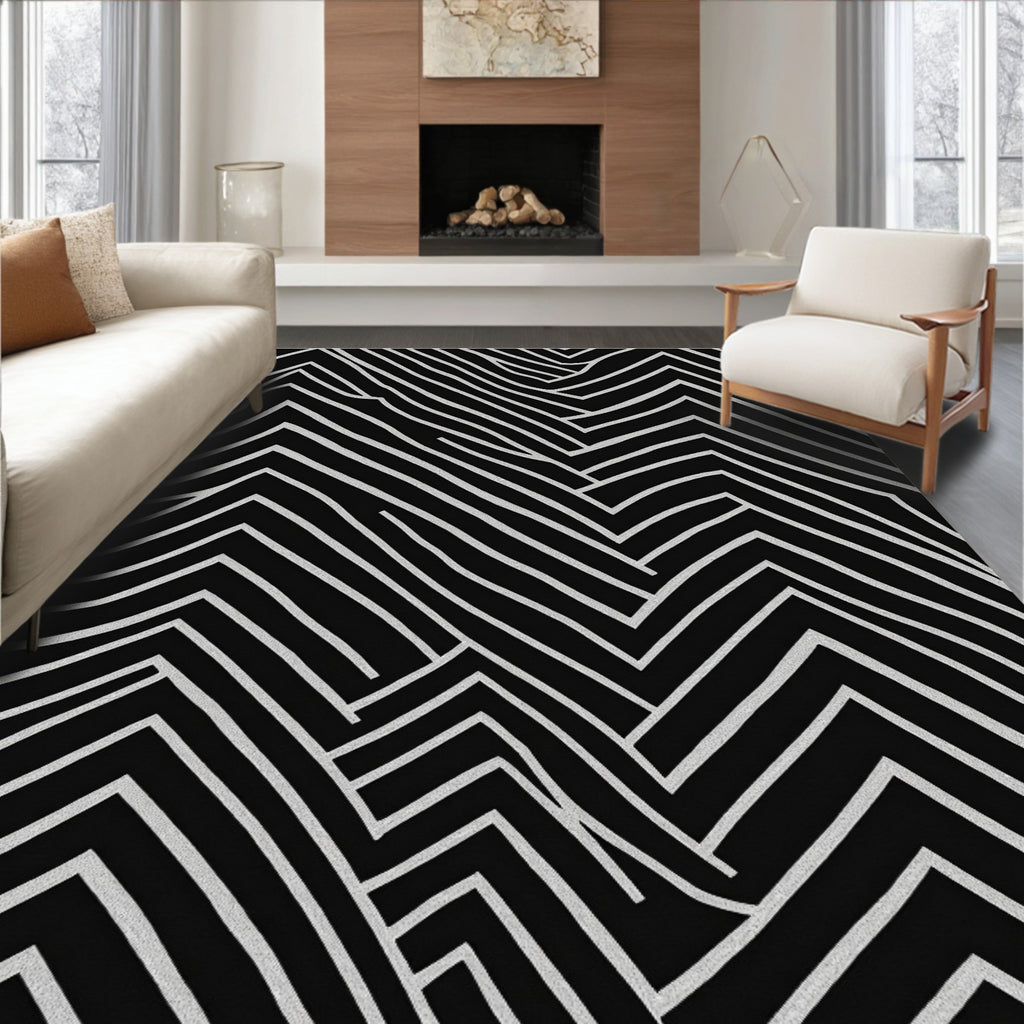 Abstract Black White Wavy Lines Rug