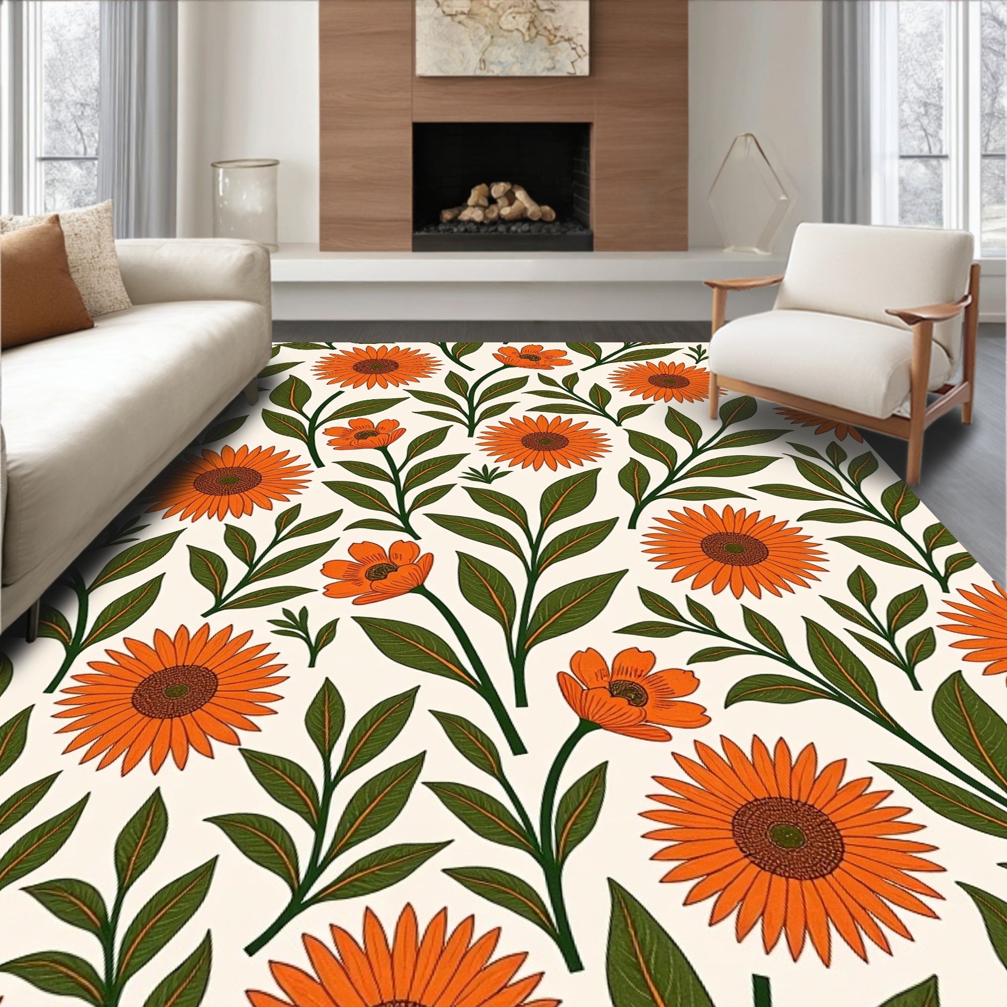 Vibrant Orange Floral Botanical Print Rug