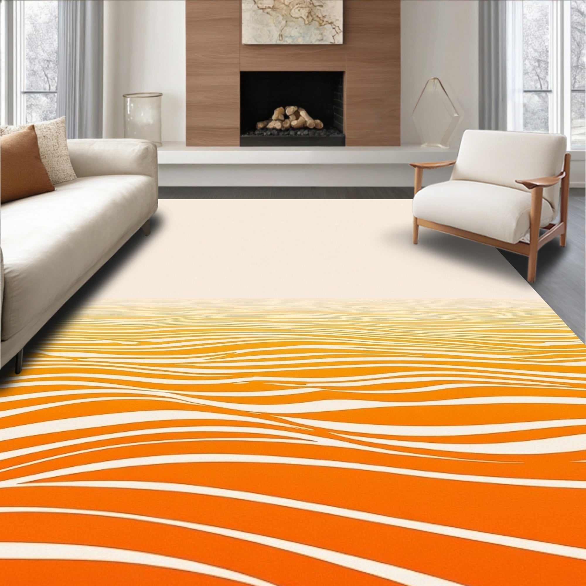 Orange And White Wavy Stripes Design Rug