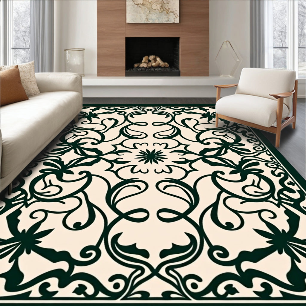 Ornate Dark Green Floral Scrollwork Design Rug