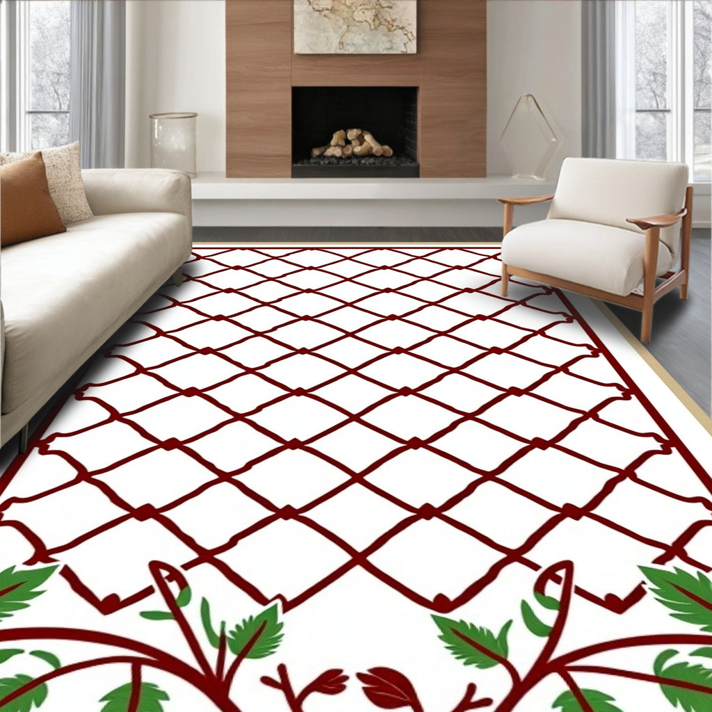 Crimson Lattice Green Vine Pattern Rug