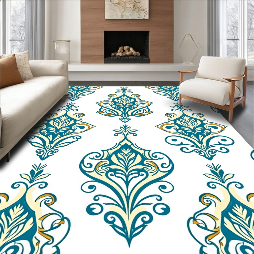 Elegant Teal Gold Damask Pattern Rug