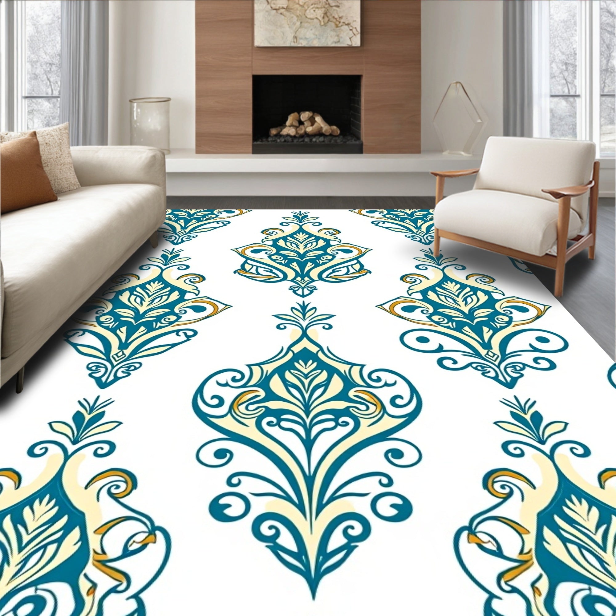 Elegant Teal Gold Damask Pattern Rug