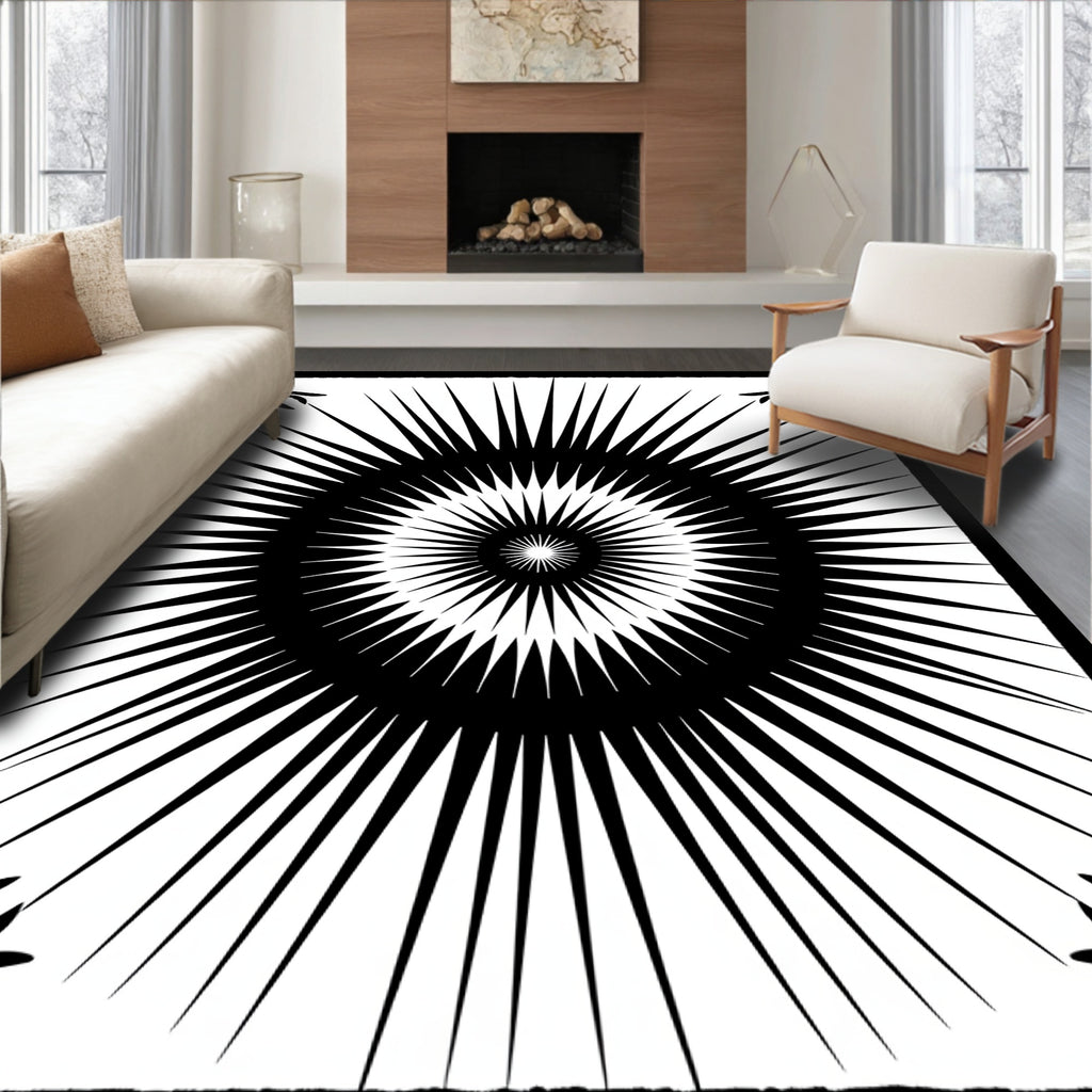 Bold Black Sunburst Geometric Design Rug
