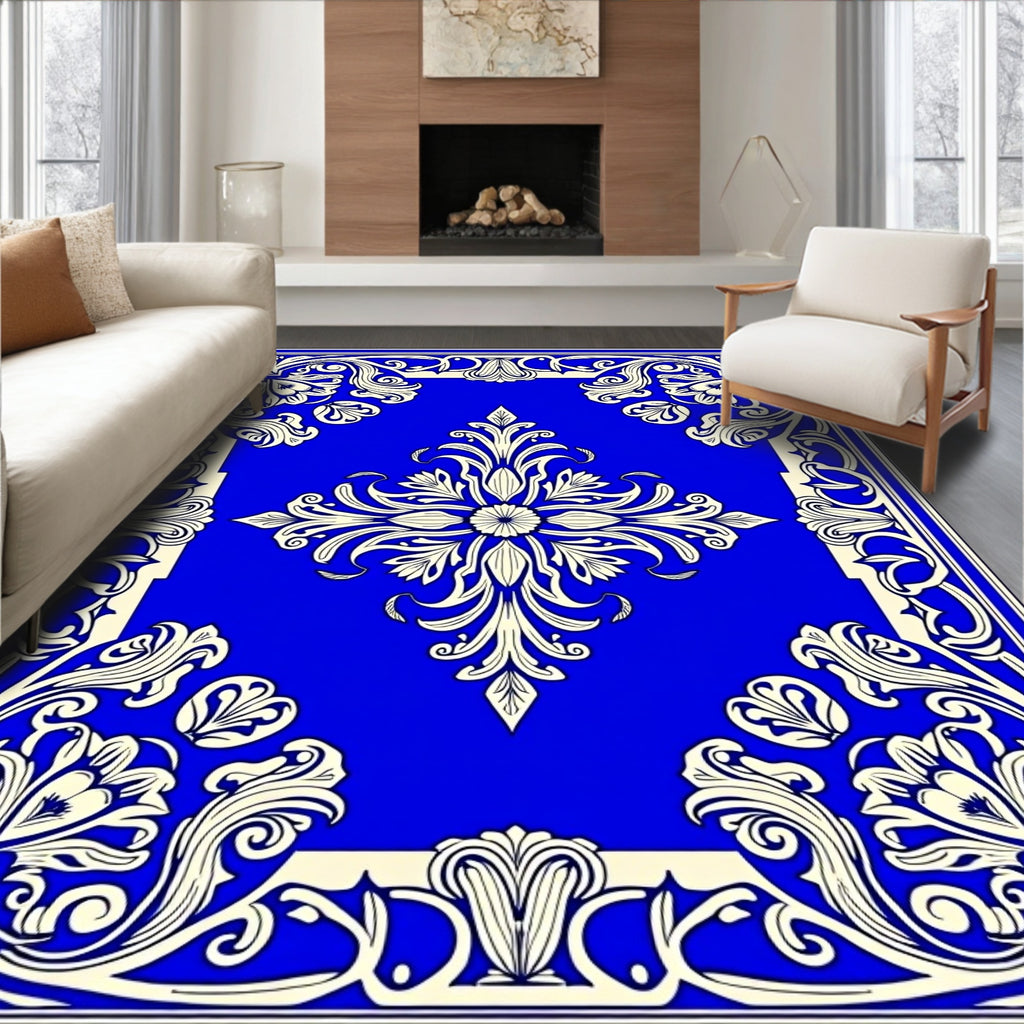 Elegant Ivory Floral Blue Border Rug
