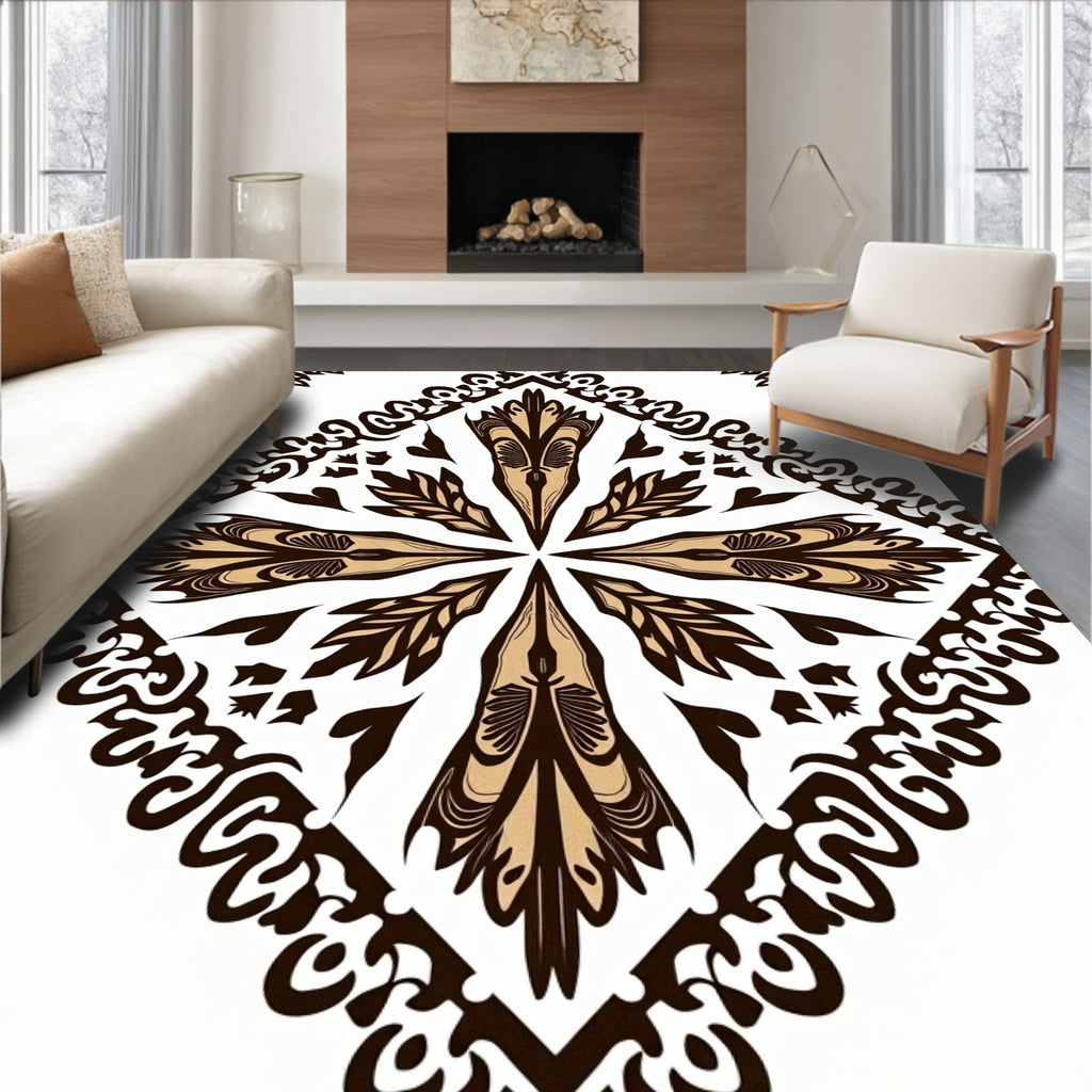 Gilded Ornamental Scrollwork Diamond Pattern Rug