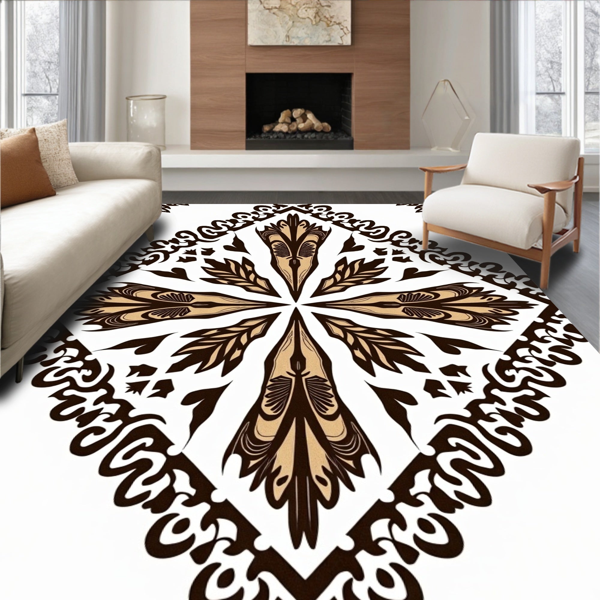 Gilded Ornamental Scrollwork Diamond Pattern Rug