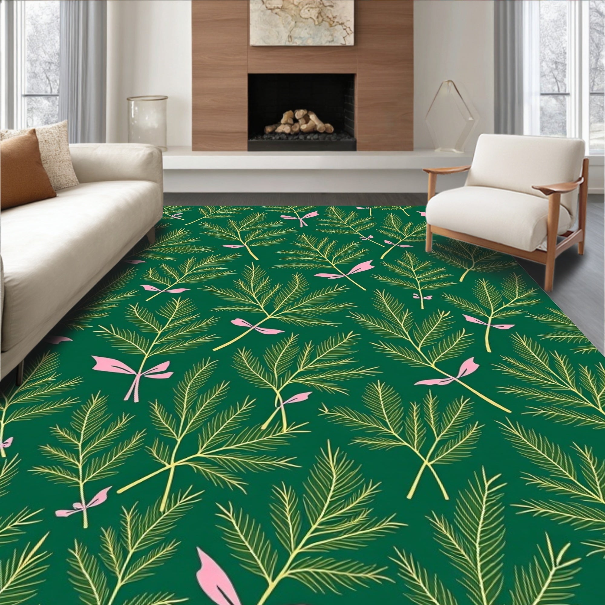 Green Pine Frond Pink Accent Rug