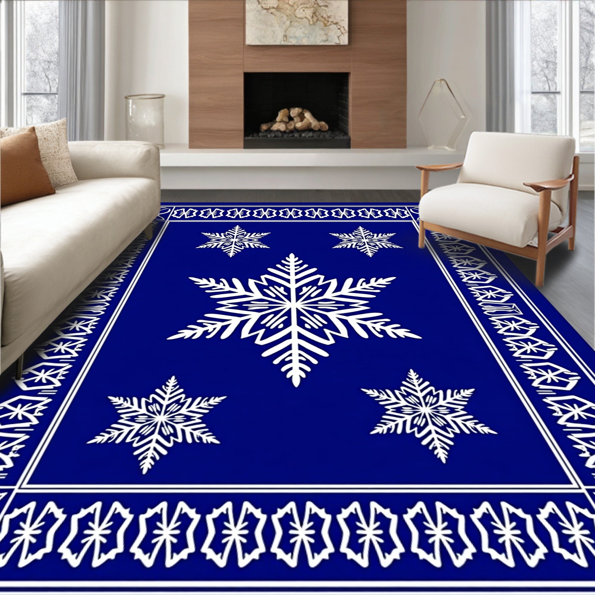 Deep Blue Snowflake Gala Border Rug