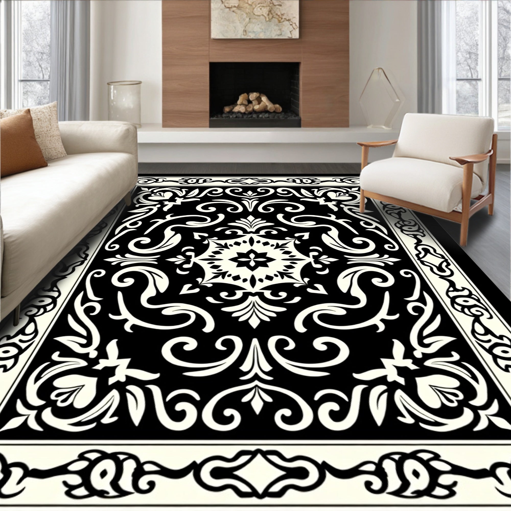 Traditional Black and Cream Medallion Rug