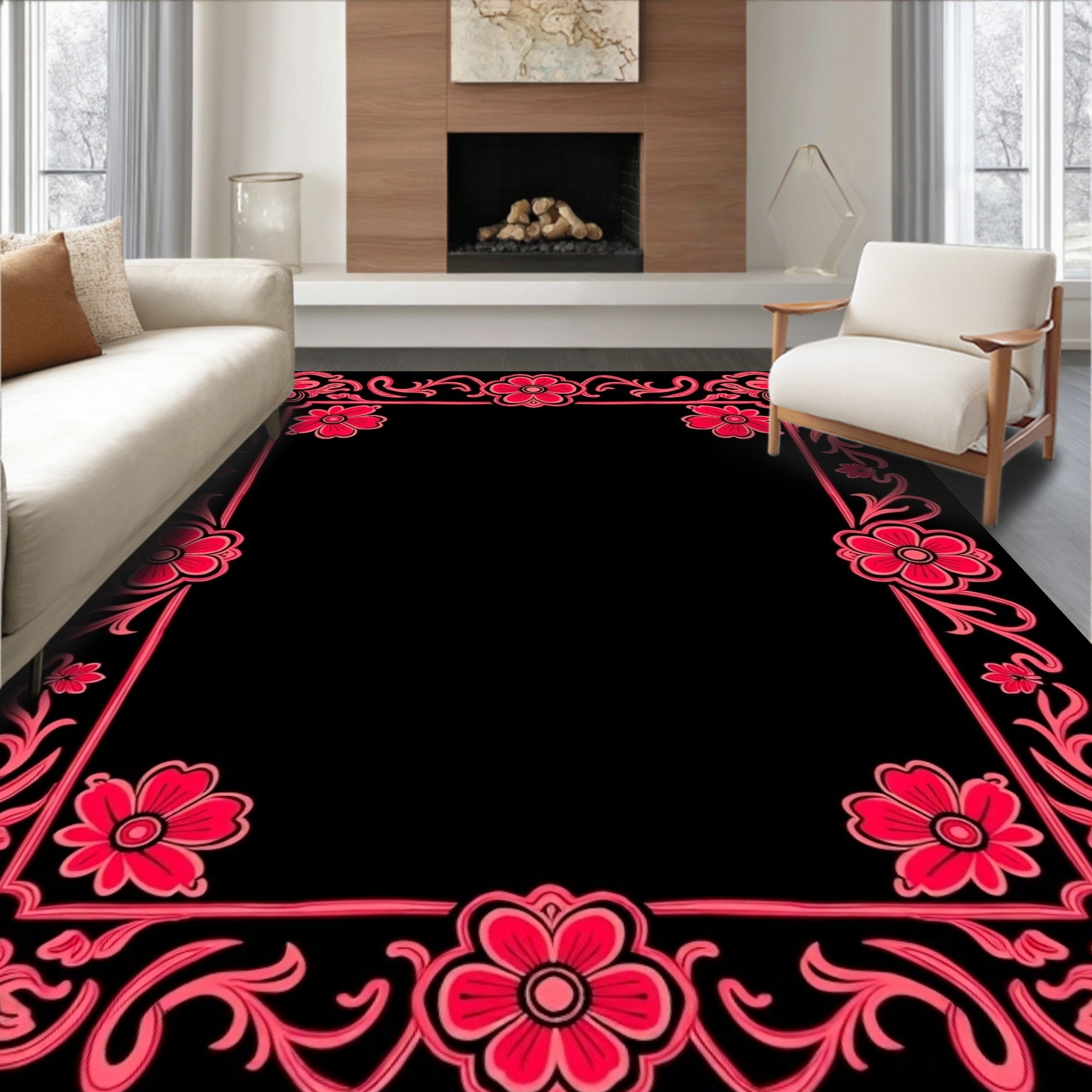 Red Floral Scrollwork Border Design Rug