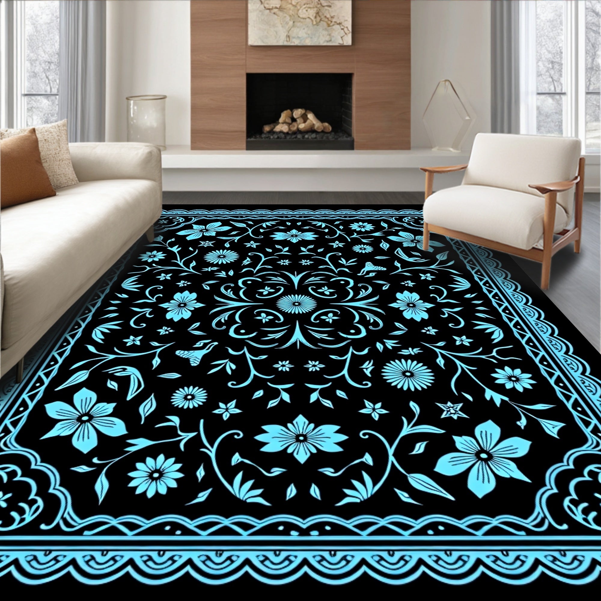 Sky Blue Floral and Vine Design Rug
