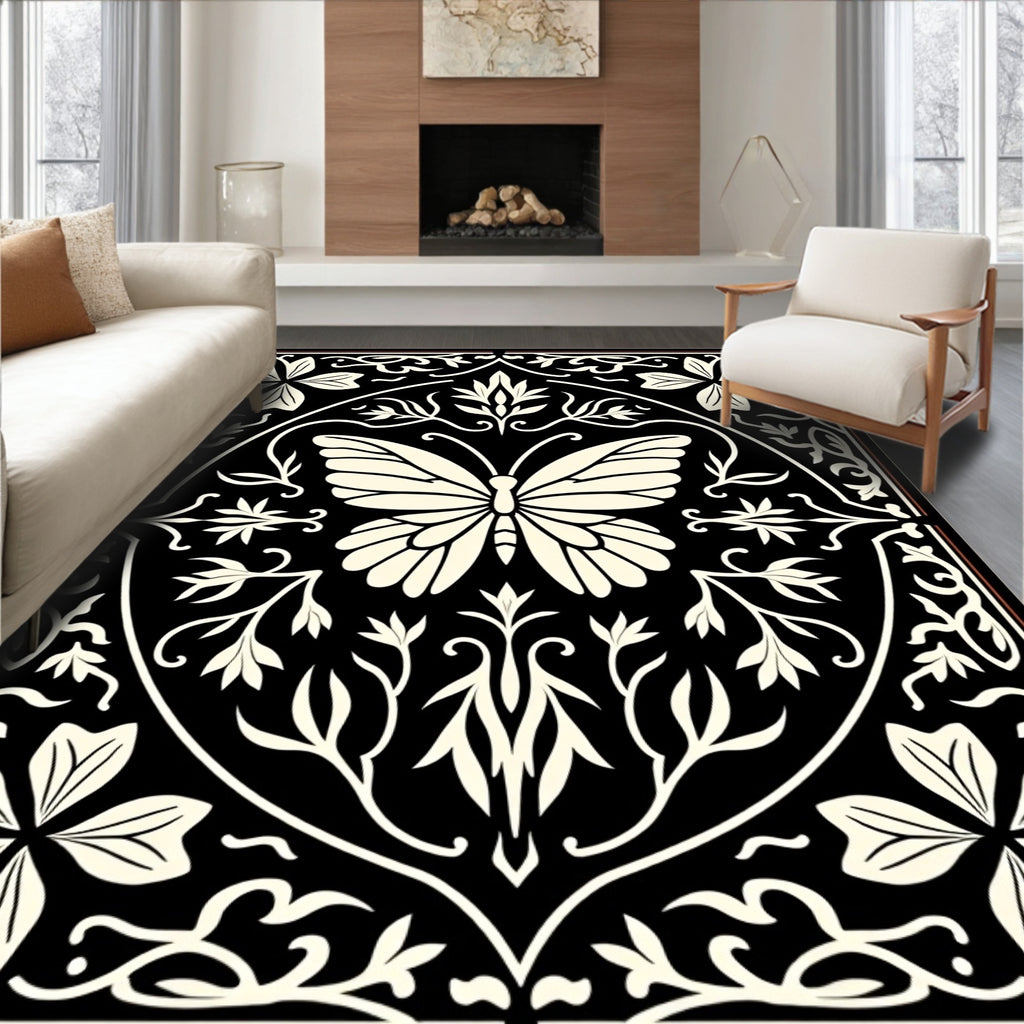 Black Butterfly Floral Garden Design Rug