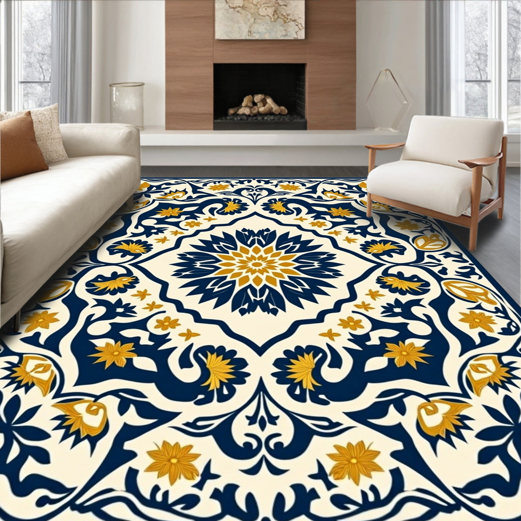 Intricate Floral Scrollwork Dark Blue Gold Rug