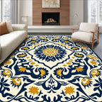 Intricate Floral Scrollwork Dark Blue Gold Rug