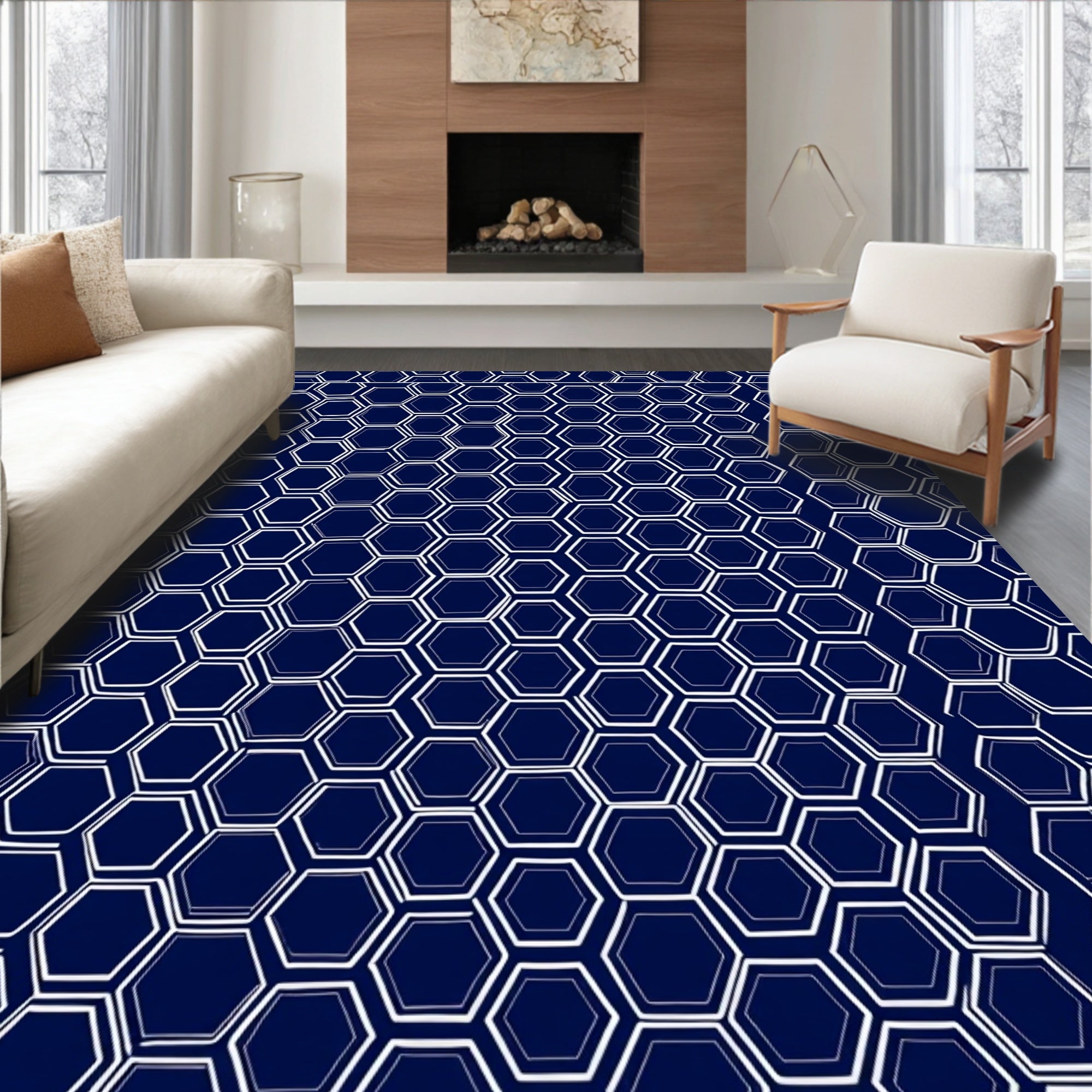Navy White Hexagonal Geometric Design Rug
