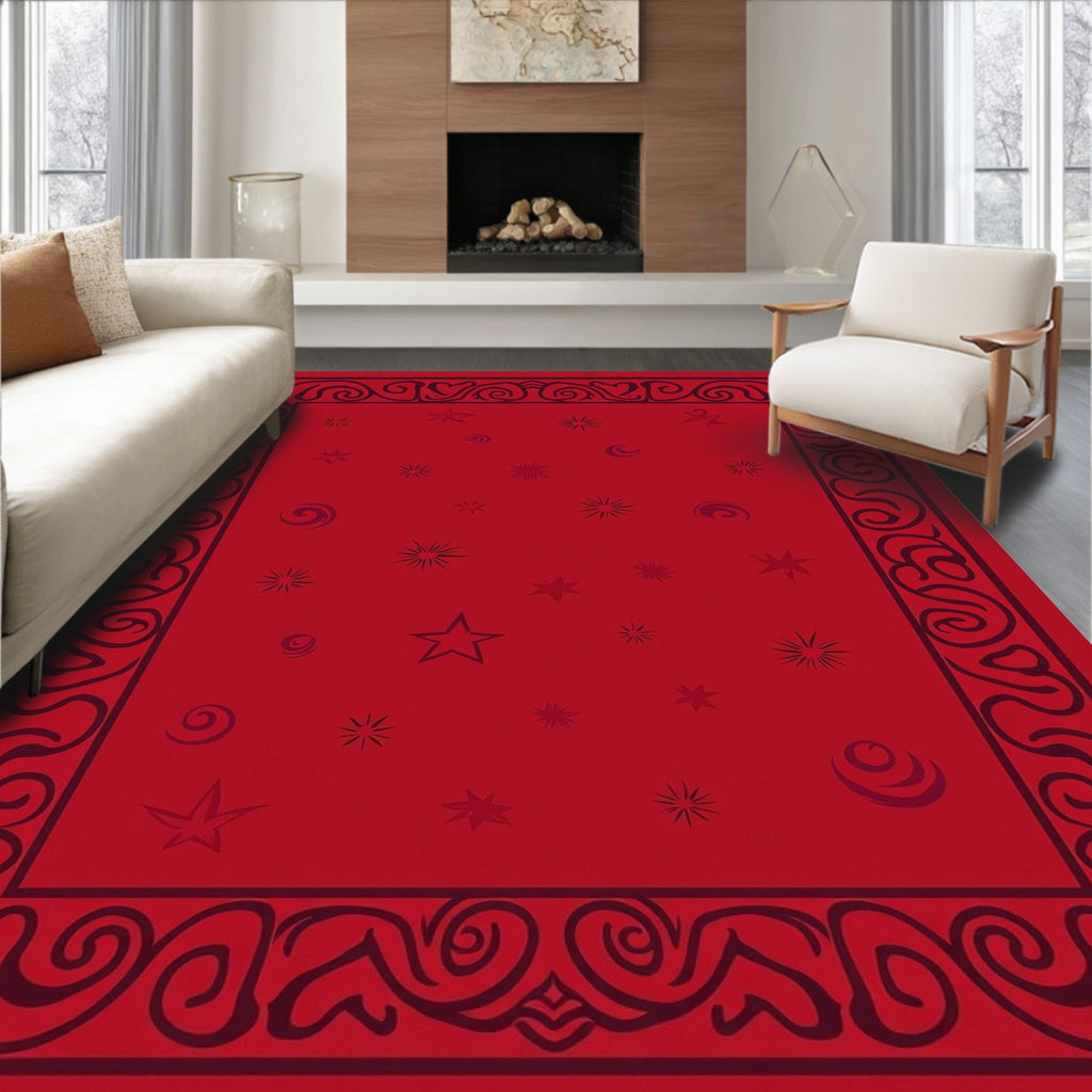 Red Scrollwork With Star Accents Rug