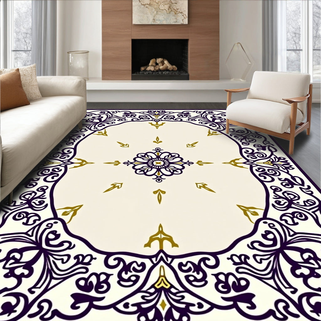 Elegant Purple Gold Floral Frame Rug