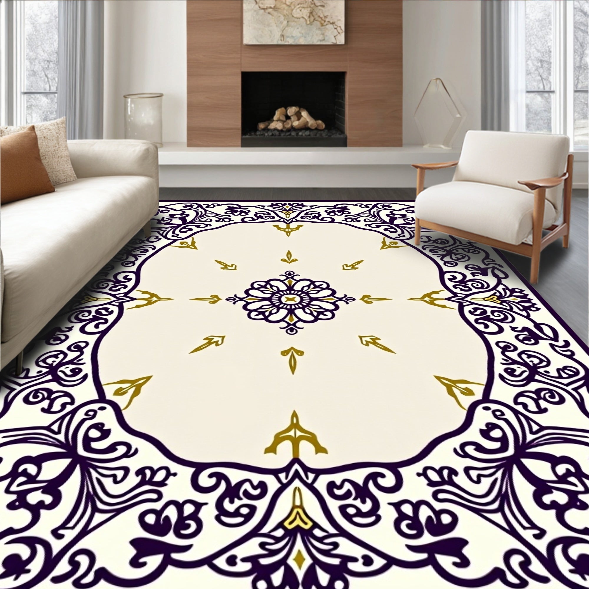 Elegant Purple Gold Floral Frame Rug