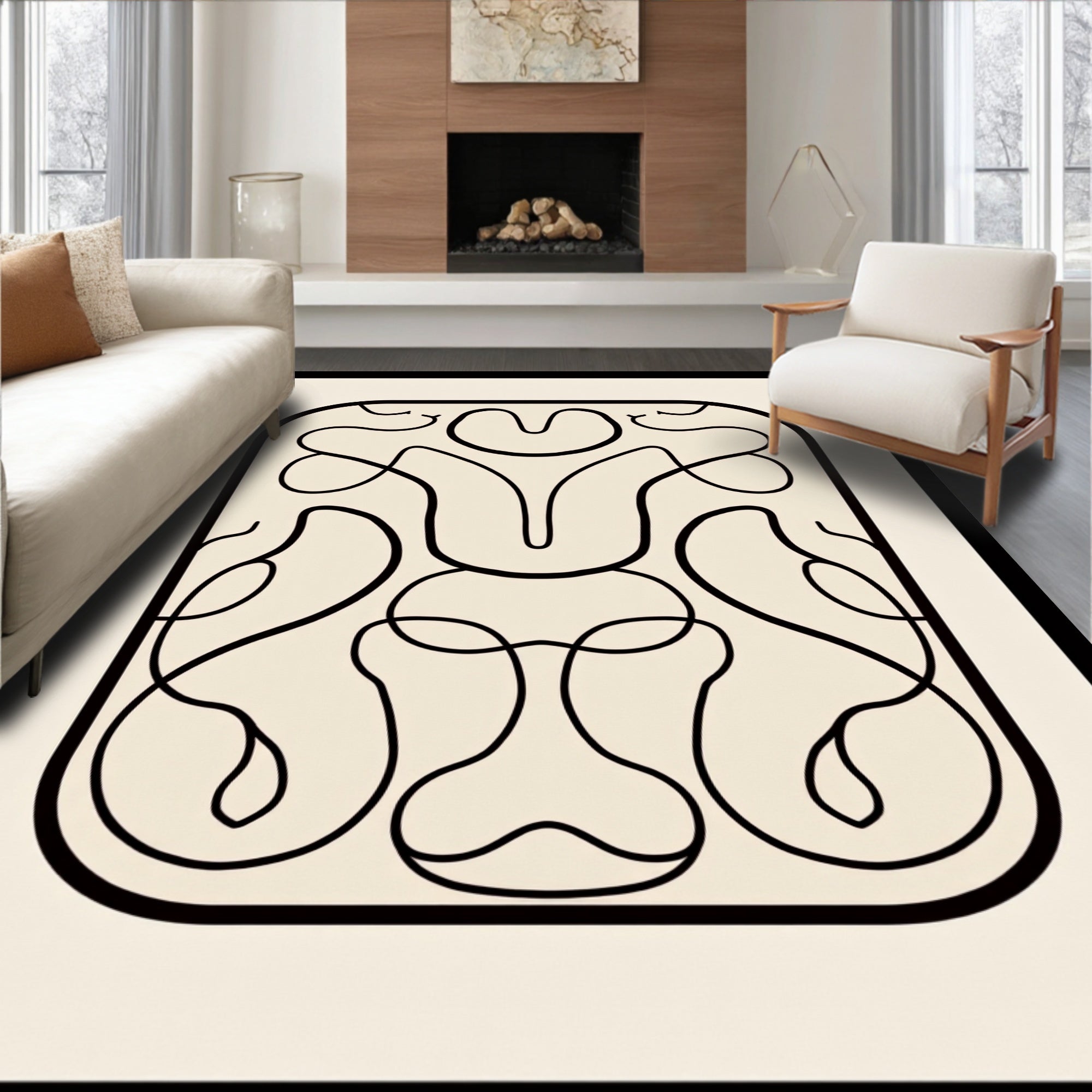 Abstract Swirls Monochromatic Line Art Design Rug