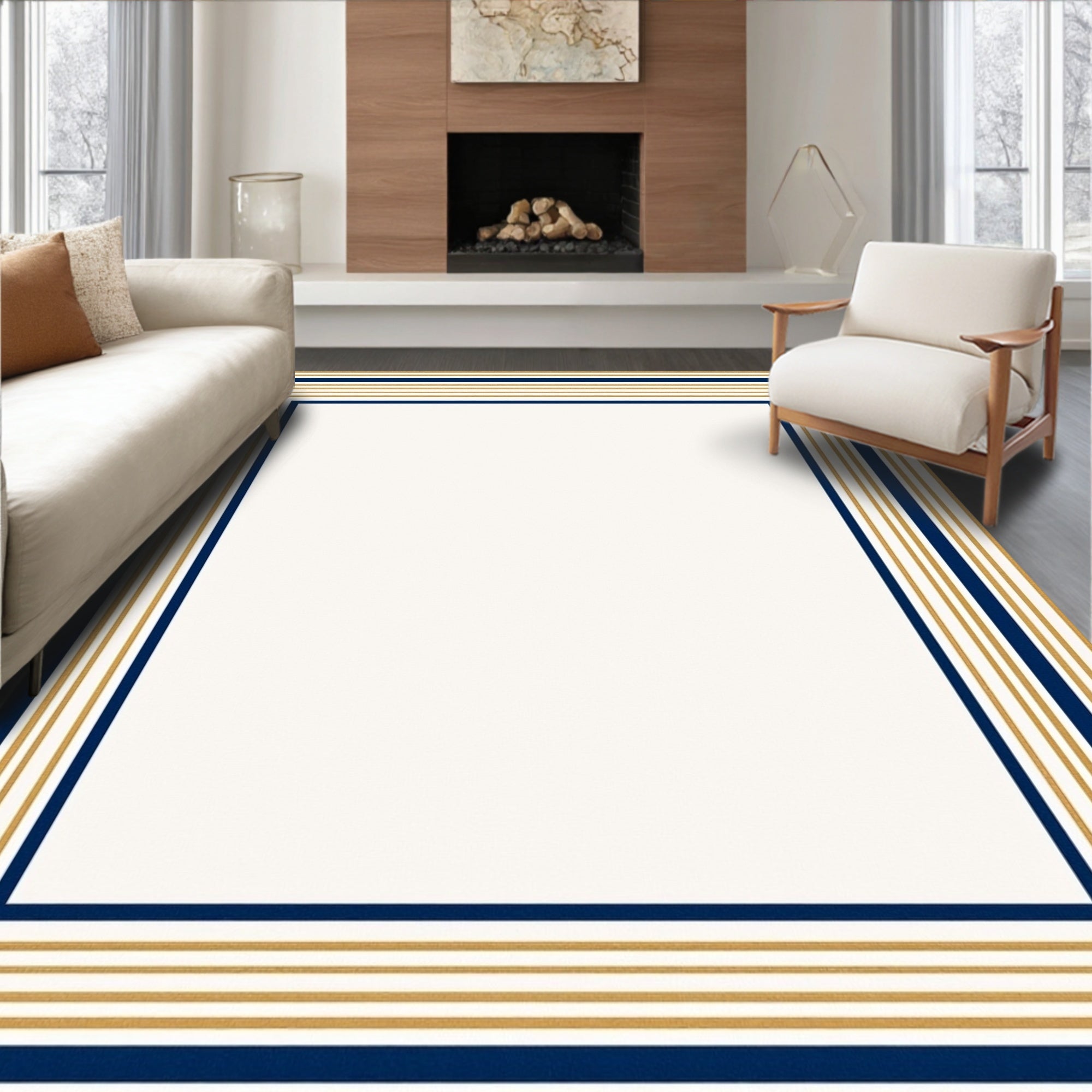 Navy Gold Striped Geometric Frame Rug
