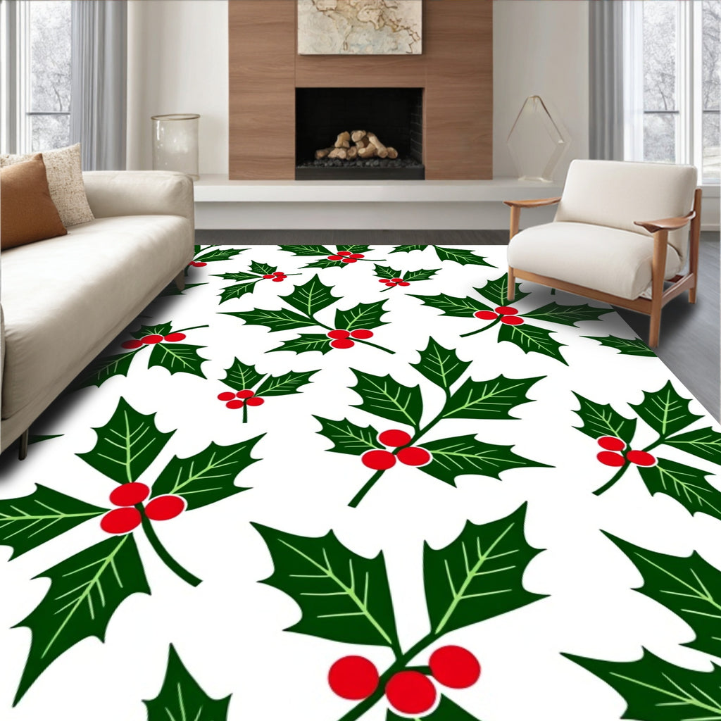 Festive Green Holly Berry Sprigs Rug