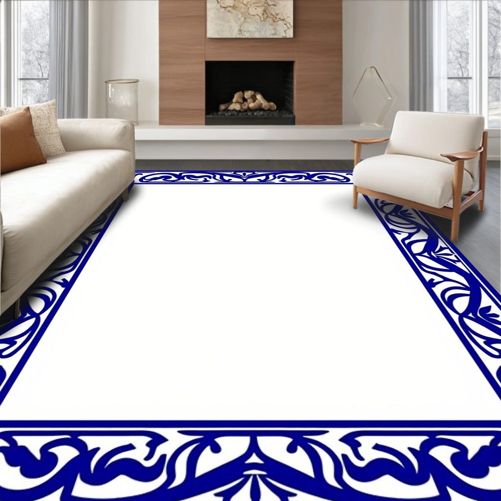 Elegant Blue Flourish Border Design Rug