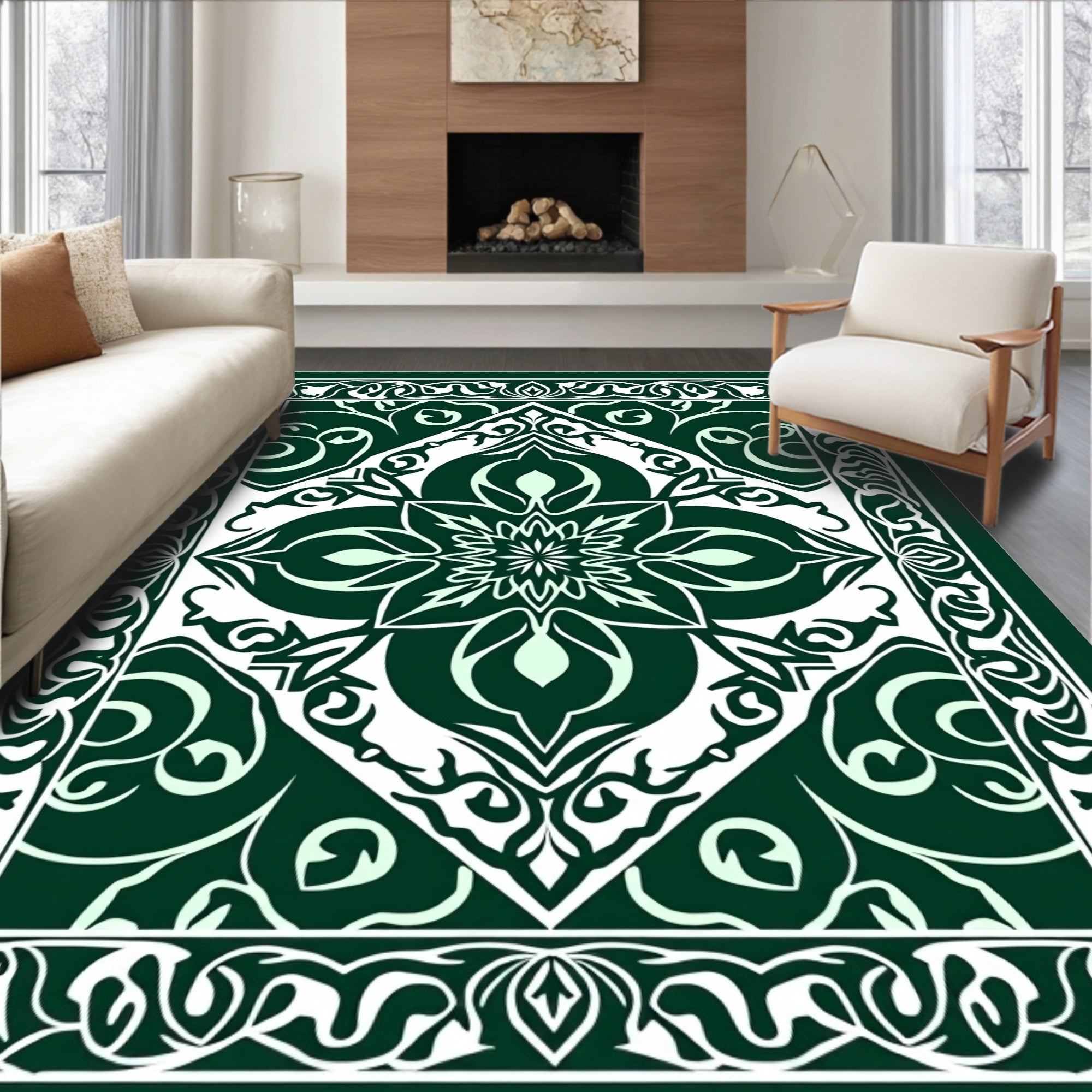 Dark Green Abstract Floral Pattern Rug
