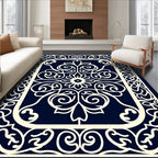 Ornate Navy White Floral Scroll Rug